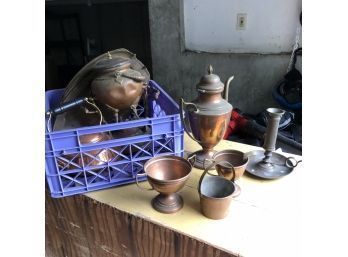 Blue Plastic Crate Of Copperware, Candlestick, Copper Teacups