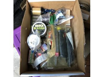 Cardboard Box Of Fishing Gear, Incl Big Bubbles Watertight Air Pump, Serrated Knife