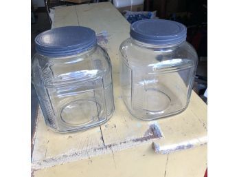 Pair Of Hoosier Gallon Canisters With Painted Lids