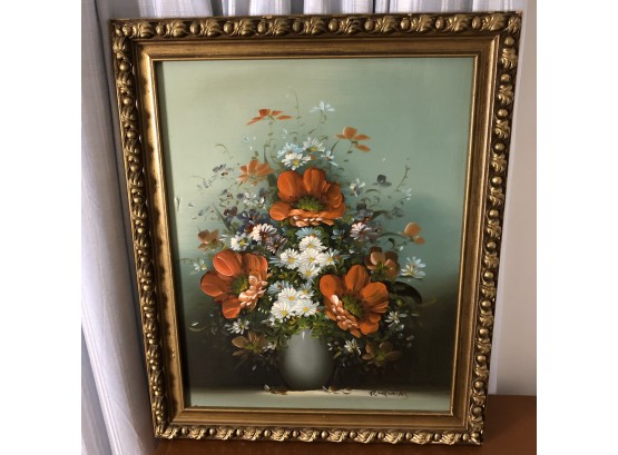 R. Thomas Signed Painting - Red Flowers In Vase 24'x19'