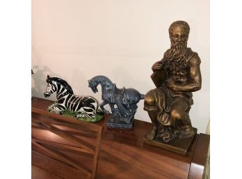 Set Of Three Figures: Zebra, Horse, Greek Figure