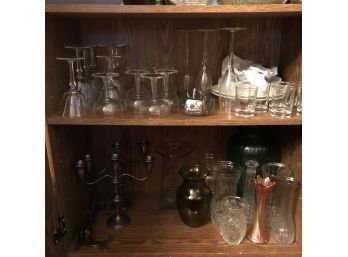 Glass Shelf Lot With Reed & Barton Weighted Sterling Candle Sticks