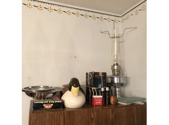Aladdin Long Neck Oil Lamp, Ceramic Duck, Binoculars And Other Items