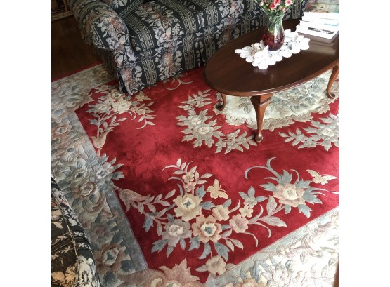 Red Floral Wool Area Rug With Fringe Edge