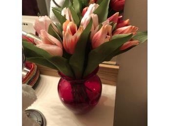 Red Vase With Faux Tulips