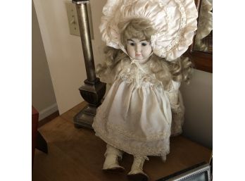 Vintage Doll With White Dress And Headpiece