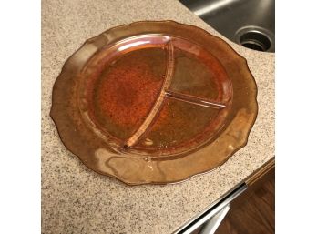 Orange Glass Divided Dish With Etched Design