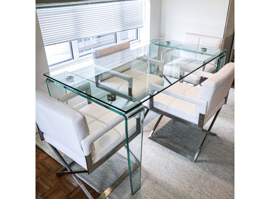 Modern Glass Dining Table With 4 Leather Arm Chairs