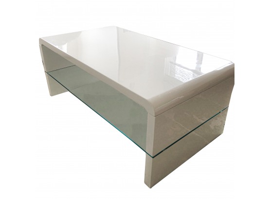 Modern White Coffee Table With Lower Glass Shelf