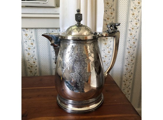 Antique Mid 1800s Silver Plate Porcelain Insulated Water Pitcher With Figural Bear