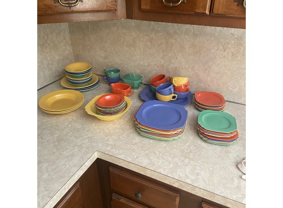 Lot Of Colorful Round & Square Plates, Cups & Saucers, Bowls, Sugar & Creamer