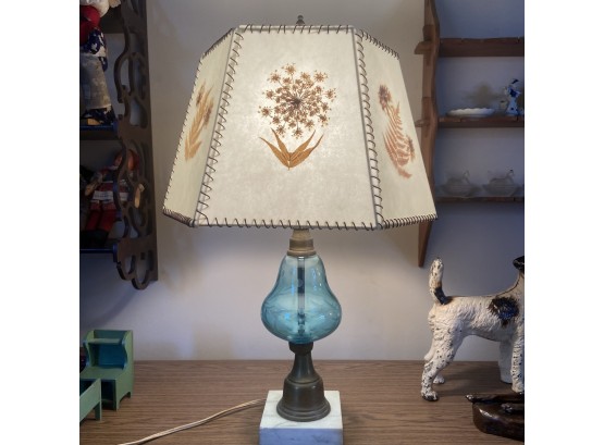 Vintage Lamp With Blue Pear Shaped Glass And Pressed Flower Shade