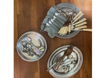Three Platters With Sheffield Knives, Figural Spoons And Assorted Cutlery