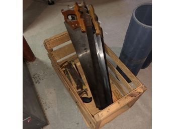Assorted Saws In A Wood Crate