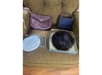 Lot Of 3 Purses And Mink Hat