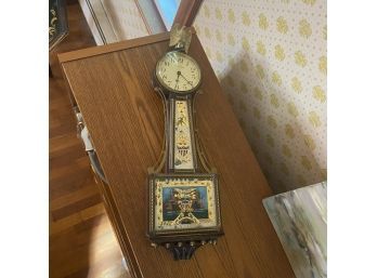 Vintage Waltham Banjo Clock With Ship Illustration And Gold Accents