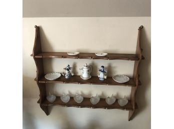 Vintage Shelf With Glass Chickens And Miniature Ceramic Pieces