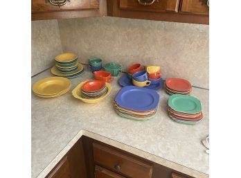 Lot Of Colorful Round & Square Plates, Cups & Saucers, Bowls, Sugar & Creamer