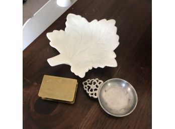 Pewter Dish And Milk Glass Leaf Dish