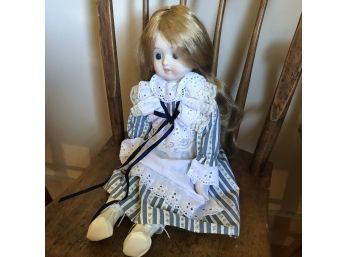 Vintage Doll With Blue Stripe Dress