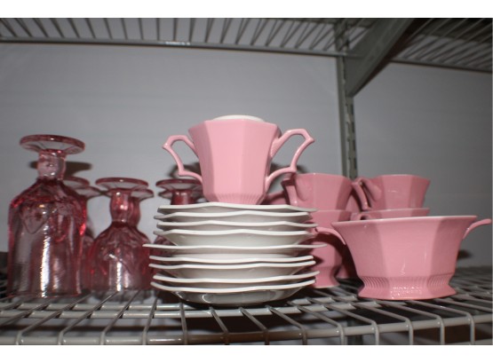 Vintage Pink Ironstone Dishes And Pink Glasses