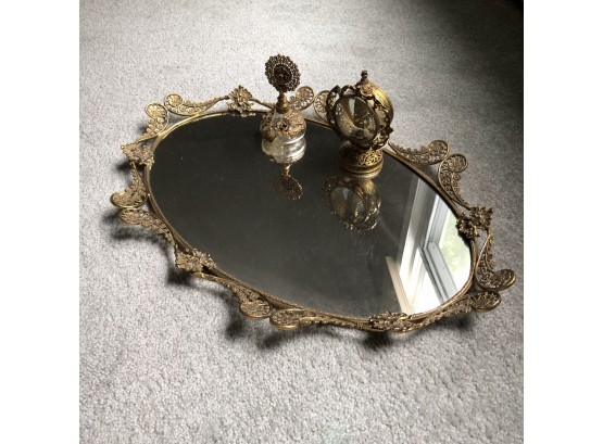 24k Gold Plated Globe Mirrored Vanity Dresser Tray With Accesorries