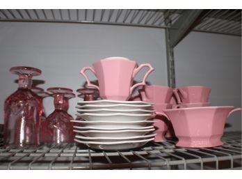 Vintage Pink Ironstone Dishes And Pink Glasses