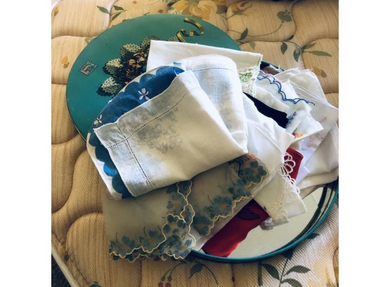 Round Blue Tin Of Vintage Handkerchiefs