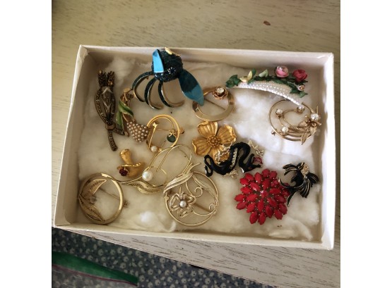 Vintage Costume Jewelry Brooches In A White Box
