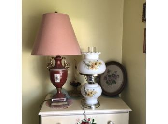 Lot Of Two Lamps, Candlestick & Candle, Framed Oval Embroidery