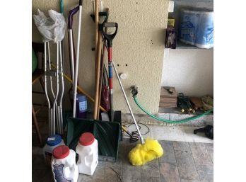 Assorted Yard Tools, Ice Melt, Stick Vacuums