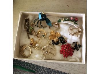 Vintage Costume Jewelry Brooches In A White Box