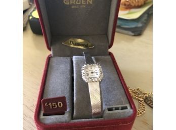 Gruen Quartz Watch W/four Genuine Diamonds