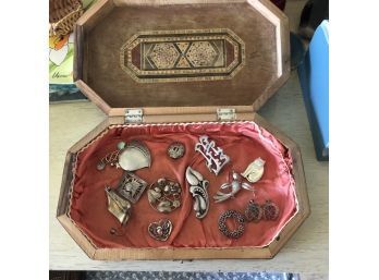 Costume Jewelry In An Ornate Shaped Box, Some Marked Pieces