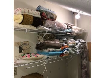 Closet Shelves Lot Vintage Pillow, Fabric, Sheets, Blankets, Linens