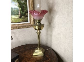 Converted Oil Lamp With Pink Ruffed Glass Shade