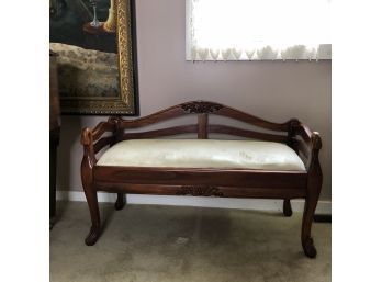 Vintage Upholstered Bench With Carved Detail