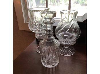 Crystal Decanter And Candle Holders