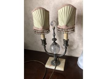 Victorian Style Lamp With Double Candelabra And Pleated Clip Shades