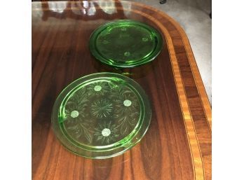 Pair Of Vaseline Glass Round Trivets