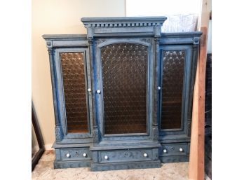 Blue Painted Vintage Cabinet Armoire With Amber Bottle Pane Doors