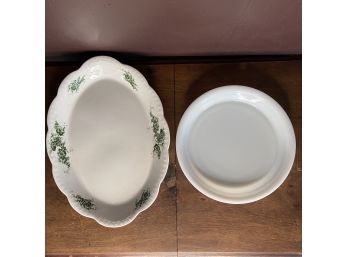 Lot Of 2 Dishes - Oval Platter With Green Floral Detail And White Pyrex Ovenware Shallow Dish
