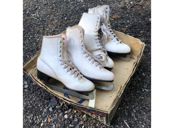Vintage Pair Of Aerflyte White Ice Skates, Sizes 6 & 8