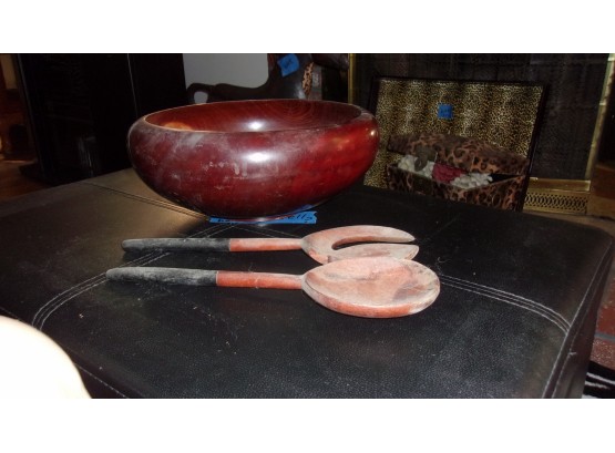Red Wooden Salad Bowl With Serving Utensils