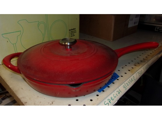 Red Enamel Cast Iron Covered Fry Pan