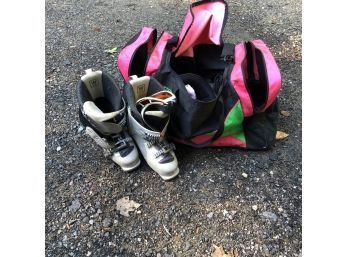 Ski Lot 1: Pink Tote Bag W/hats, Smith Goggles, Pink Gloves, W7 Salomon Ski Boots, Tyrolia Ski Pants Size 10