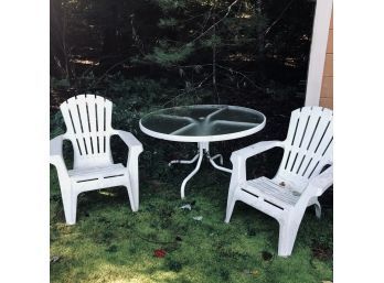 Round White Table W/ Glass Top, Pair Of White Adirondack Chairs