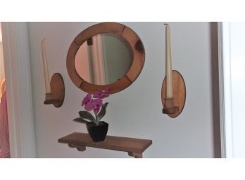 Wooden Mirror, Candle Holders And Shelf With Faux Plant