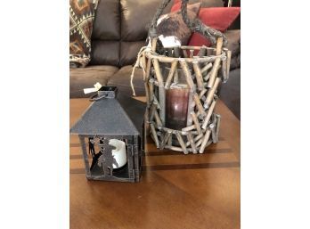 Rustic Wood Candleholder And Metal Lantern With A Western Silhouette