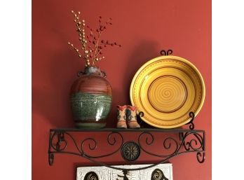 Wall Shelf With Yellow Plate, Red & Green Vase, Cowboy Boots Figurine